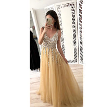 Load image into Gallery viewer, ✨【Overseas Hot】Beige Sequin Maxi Dress | V-Neck Swallowtail Evening Gown | Asymmetrical Patchwork Prom Dress