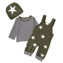 Cargar imagen en el visor de la galería, 🌟【Kids 3-Piece Set】Boys' Star Overalls + Striped Long Sleeve Tee + Hat | Cotton Casual Outfit