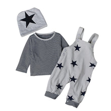 Cargar imagen en el visor de la galería, 🌟【Kids 3-Piece Set】Boys' Star Overalls + Striped Long Sleeve Tee + Hat | Cotton Casual Outfit