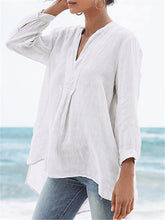 Load image into Gallery viewer, 🌿【 SS New】Tencel-Linen Blend Blouse | Bell Sleeve Sheer Top | V-Neck Asymmetrical Shirt