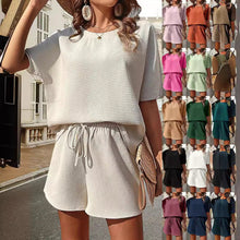 Load image into Gallery viewer, ✨【 New Arrival】Women's Short Sleeve Set | Fashion Batwing Top + Shorts | Office Casual Outfit | Floral Jacquard & Tie Detail✨