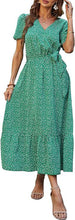 Cargar imagen en el visor de la galería, 🌸【Bohemian Style】Floral Print V-Neck Dress | Belted A-Line Maxi Dress | Summer Ruffle Hem Dress