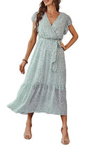 Cargar imagen en el visor de la galería, 🌸【Bohemian Style】Floral Print V-Neck Dress | Belted A-Line Maxi Dress | Summer Ruffle Hem Dress