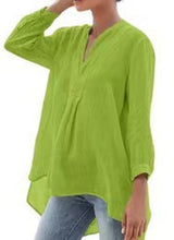 Load image into Gallery viewer, 🌿【 SS New】Tencel-Linen Blend Blouse | Bell Sleeve Sheer Top | V-Neck Asymmetrical Shirt