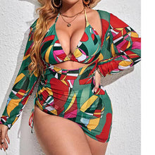 Cargar imagen en el visor de la galerĂa, đăPlus Size Swimweară3-Piece High Waist Swimsuit | Sheer Cover-Up | Padded Bikini Set