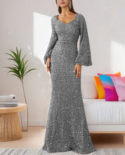 Cargar imagen en el visor de la galería, 「Galaxy Queen」Sequin Mermaid Dress ✨ Trumpet Sleeve Gown with Deep V-Neck
