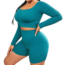 Charger l&#39;image dans la galerie, 「Curve Glow」Plus Size Seamless Set (XL-3XL) ✨ Teal Blue Long Sleeve &amp; Shorts
