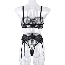 Lade das Bild in den Galerie-Viewer, Damen Dessous-Set aus Spitze, 3-teilig, Bralette-BH und Höschen, Riemchen-Dessous-Set, Strapse, Netzunterwäsche, Negligee
