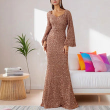 Cargar imagen en el visor de la galería, 「Galaxy Queen」Sequin Mermaid Dress ✨ Trumpet Sleeve Gown with Deep V-Neck

