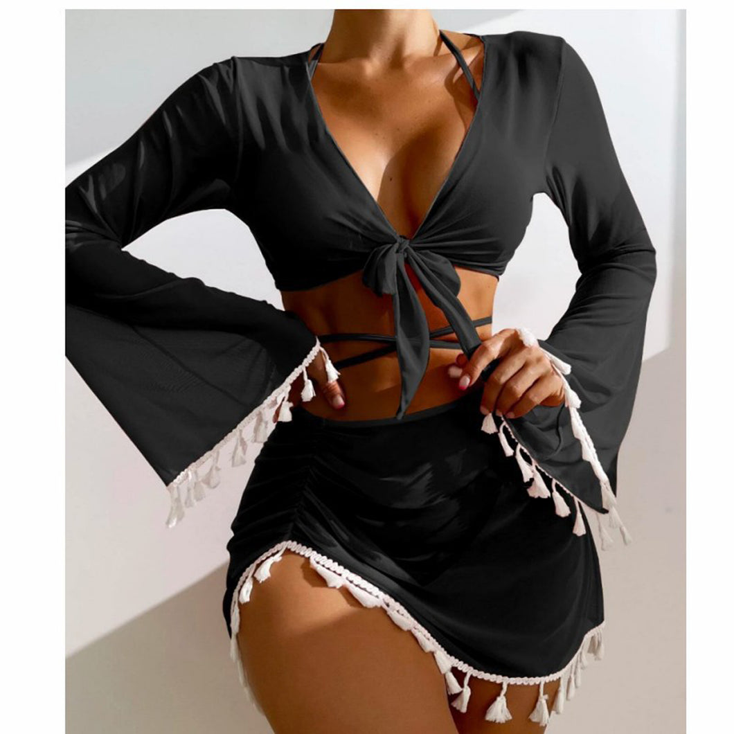 🌊【4-Piece Swimsuit】Cover-Up Bikini Set | Fringe Kimono & Sheer Skirt