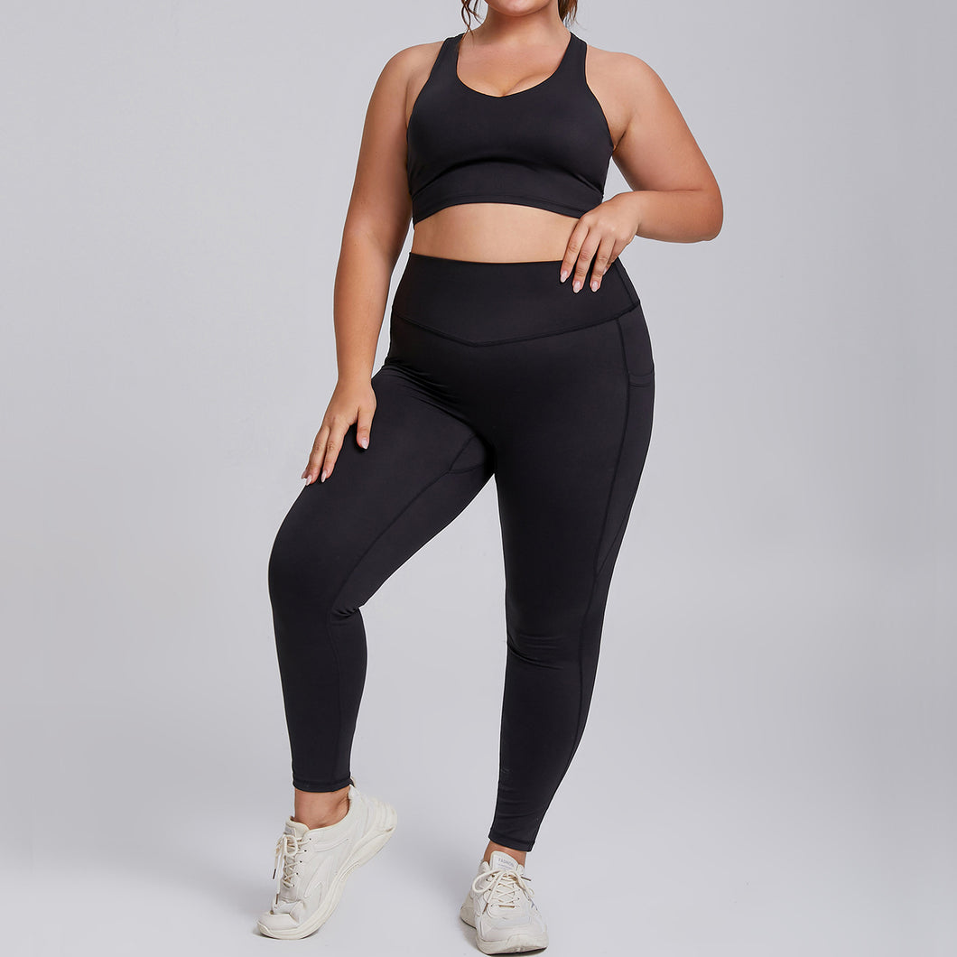 「Nude Luxury」Plus Size Yoga Set ✨ High-Waist Pocket Leggings
