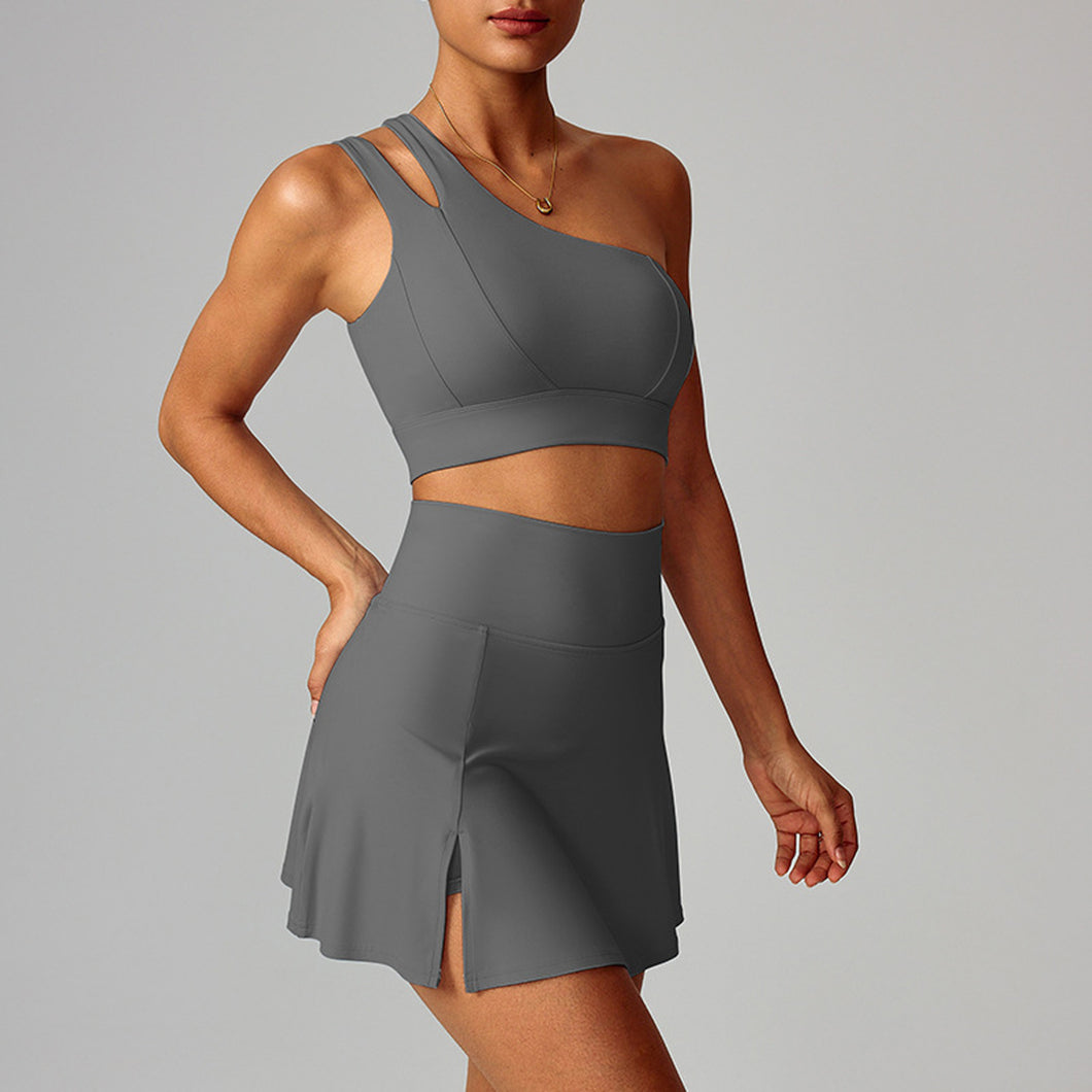 「Asymmetric Edge」One-Shoulder Yoga Set ✨ Quick-Dry Sports Skirt Outfit