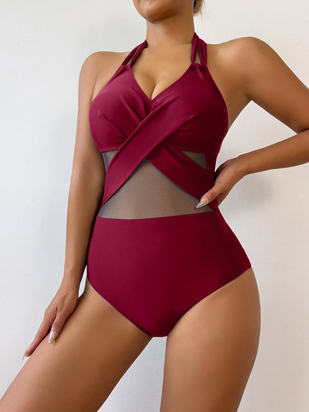 🌊【Overseas Hot】Sexy One-Piece Swimsuit | Pure Color Mesh Backless Bathing Suit | Quick-Dry Stretchy Swimwear