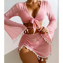 Charger l&#39;image dans la galerie, 🌊【4-Piece Swimsuit】Cover-Up Bikini Set | Fringe Kimono &amp; Sheer Skirt
