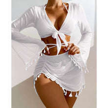 Charger l&#39;image dans la galerie, 🌊【4-Piece Swimsuit】Cover-Up Bikini Set | Fringe Kimono &amp; Sheer Skirt
