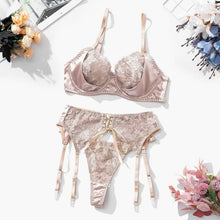 Lade das Bild in den Galerie-Viewer, 「Blooming Desire」2024 Ribbon-Trimmed Floral Lingerie Set ✨ Garter Belt &amp; Embroidery Bra 3PC
