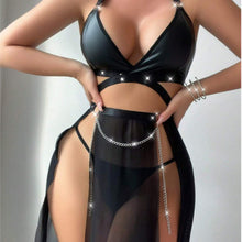 Charger l&#39;image dans la galerie, 「Midnight Temptation」 PU Leather &amp; Mesh Lingerie Set ✨ Detachable Straps Bodycon Dress
