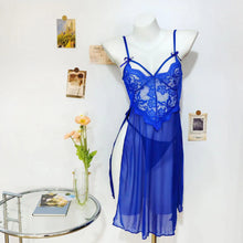 Cargar imagen en el visor de la galería, Sexy Sheer Mesh Nightdress - Lace Trimmed Deep V Neck Slit Long Nightgown with Thigh High Split
