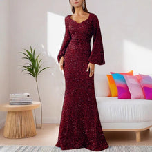 Cargar imagen en el visor de la galería, 「Galaxy Queen」Sequin Mermaid Dress ✨ Trumpet Sleeve Gown with Deep V-Neck
