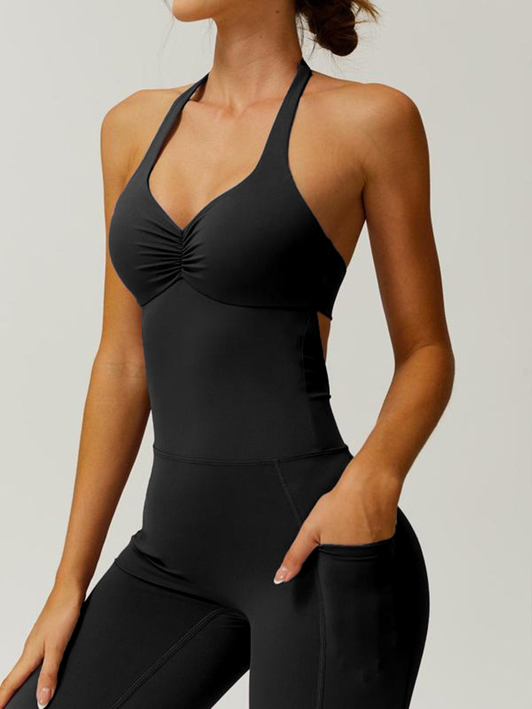 「Neckline Queen」V-Neck Halter Jumpsuit ✨ Flare Leg Yoga Bodysuit