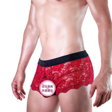 Charger l&#39;image dans la galerie, Culotte érotique pour homme en dentelle avec dos noué et maille transparente taille basse
