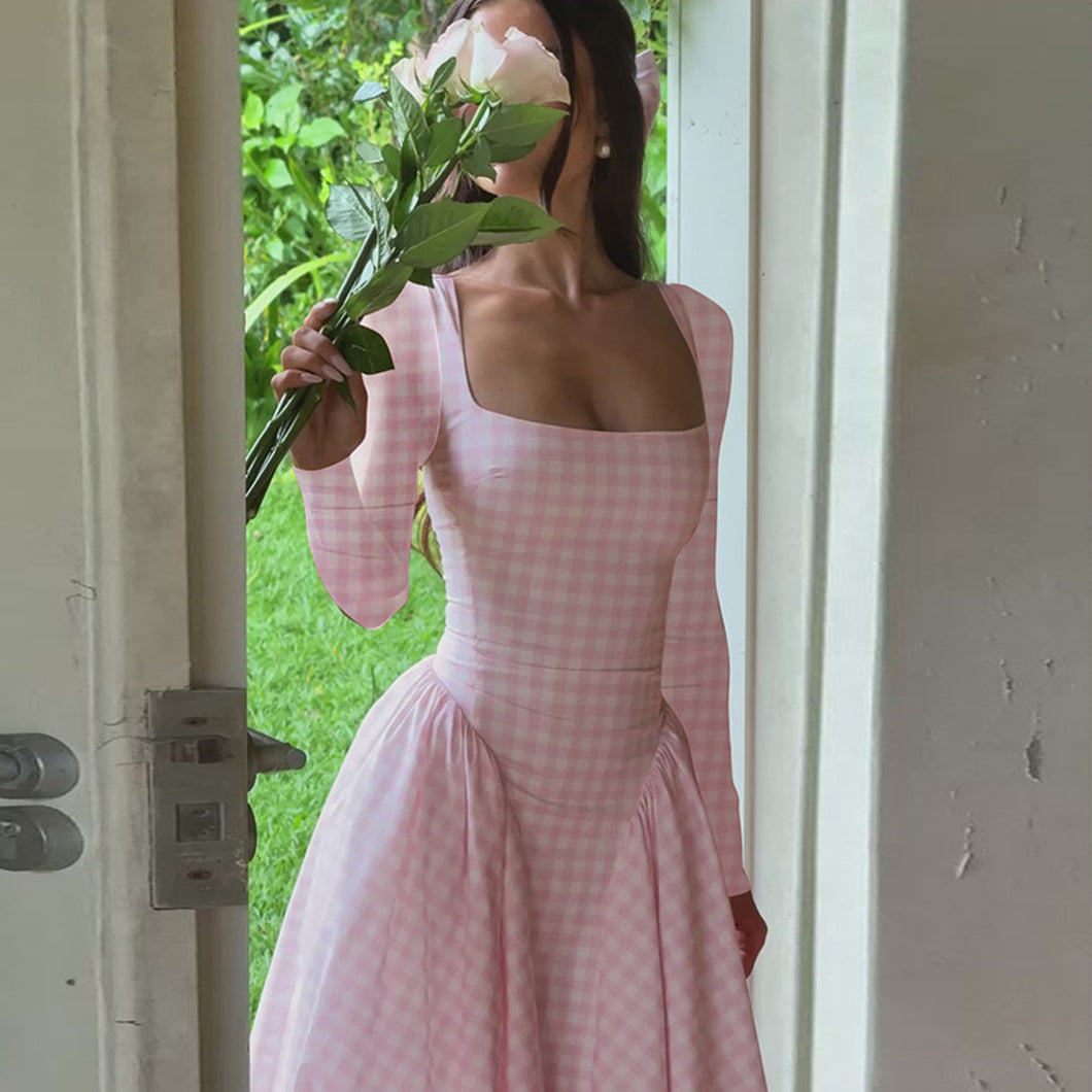 「Rive Gauche」French Plaid Dress ✨ Square Neck Swing Dress with Belt