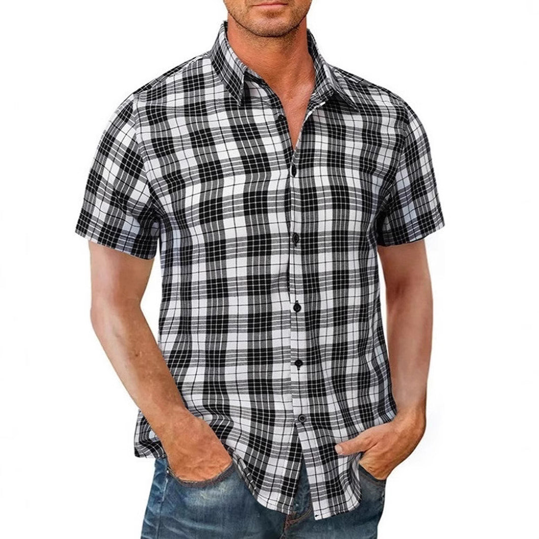 European & American Men's New 3D Printed Short Sleeve Shirt - Stylish Checkered Breathable Open Front Shirt, Turn-Down Collar, Stretch Polyester Casual Top